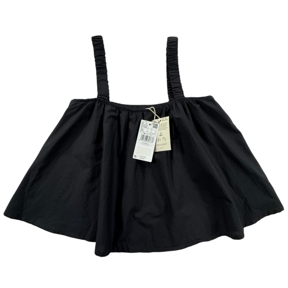 Mango MNG Black Cotton Babydoll Top Womens XS Ruched Straps Coquette Scandi NWT
